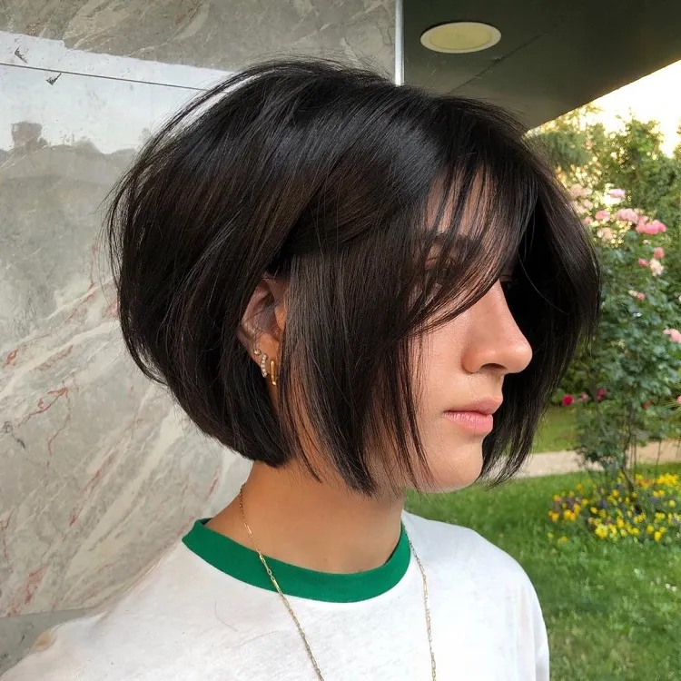 short bob with curtain bangs for thick hair