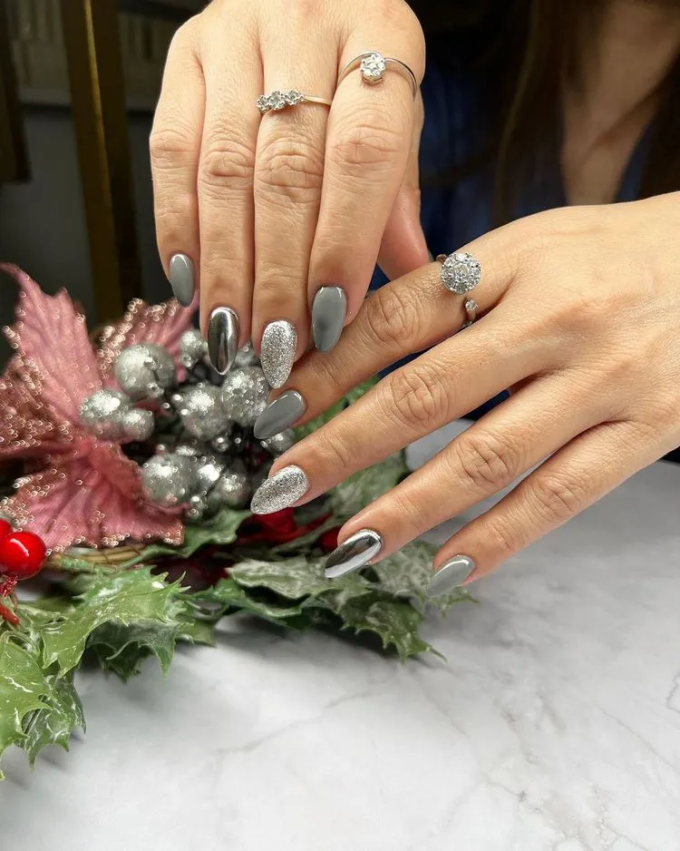 silver chrome and glitter nails christmas manicure