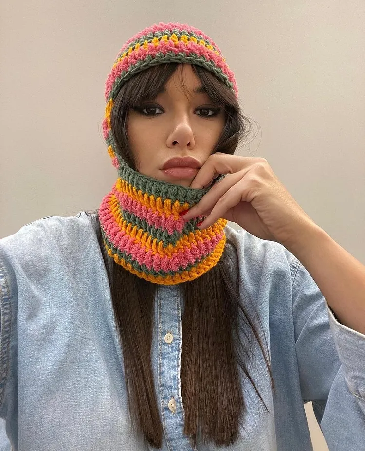 styling colorful knitted balaclava long hair with bangs