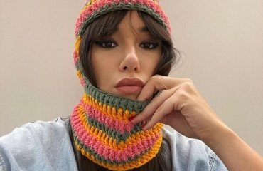 styling colorful knitted balaclava woman long hair with bangs