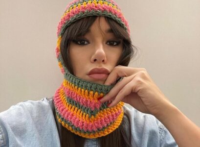 styling colorful knitted balaclava woman long hair with bangs