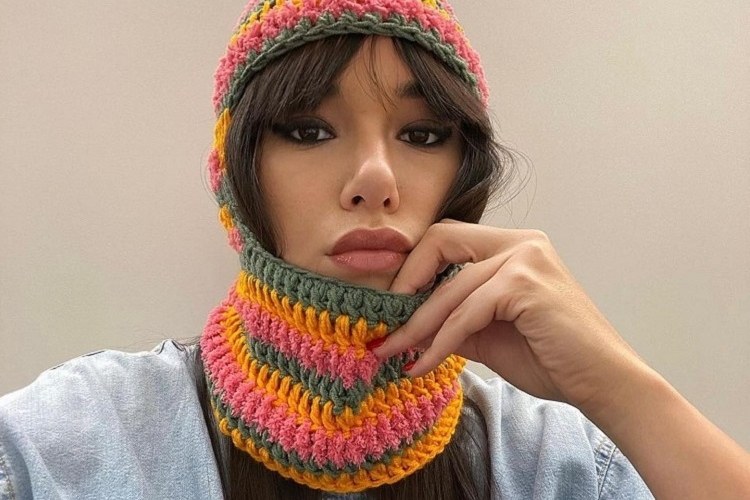 styling colorful knitted balaclava woman long hair with bangs