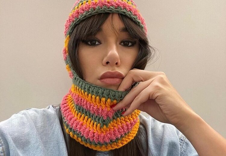 styling colorful knitted balaclava woman long hair with bangs