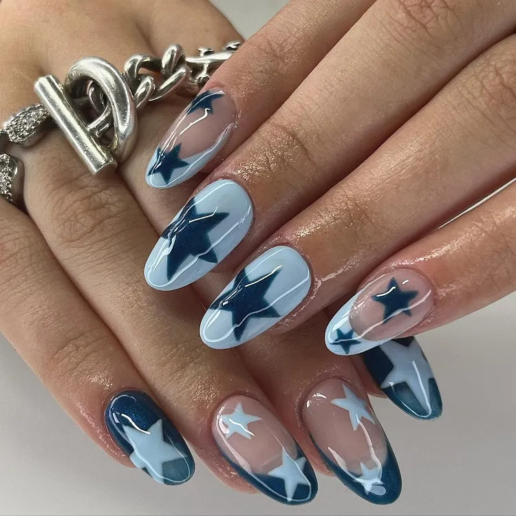 unique blue nail art with stars chezmissnasty