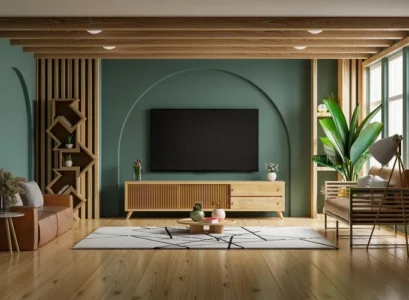 wall mounted tv in arched niche modern home interior ideas