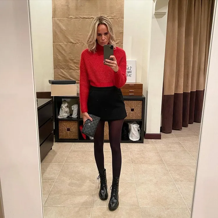 winter party skirt with red sweater