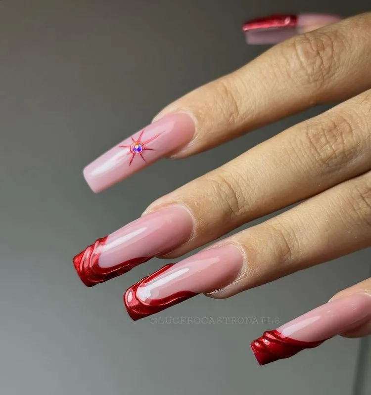 gorgeous red chrome tips on long nails