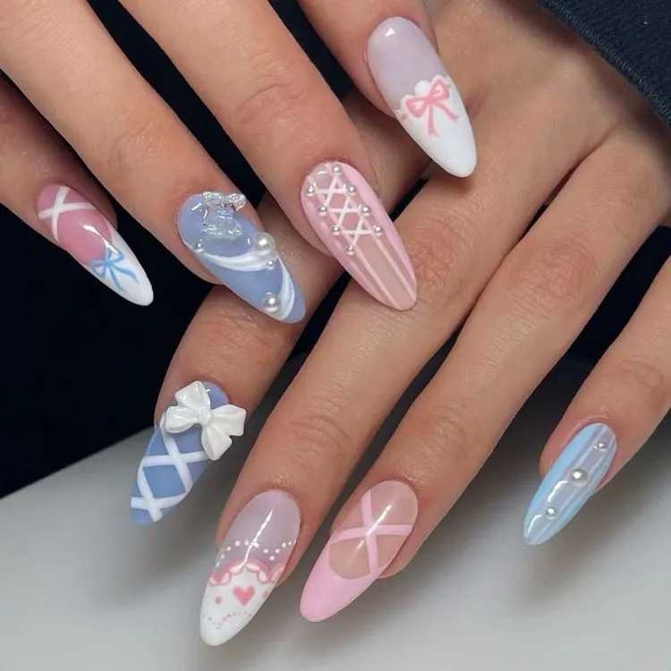 pastel pink and blue coquette nail art