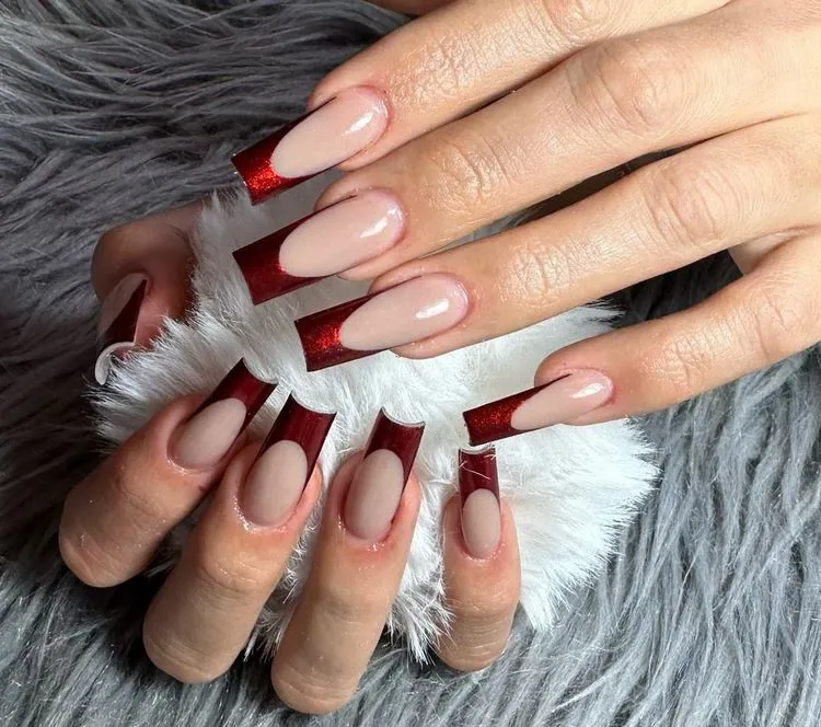 red chrome square french tip nails