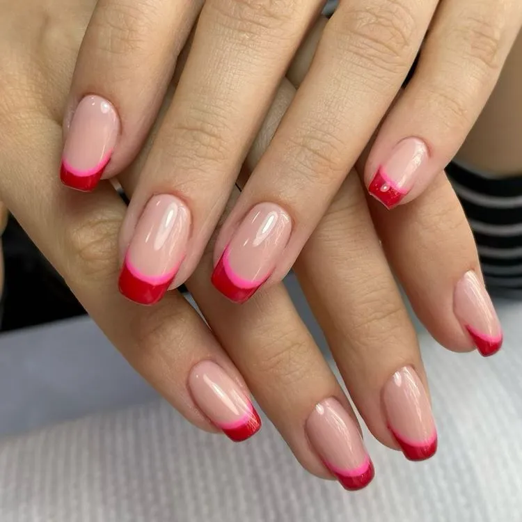 short square nails with red and pink french tips
