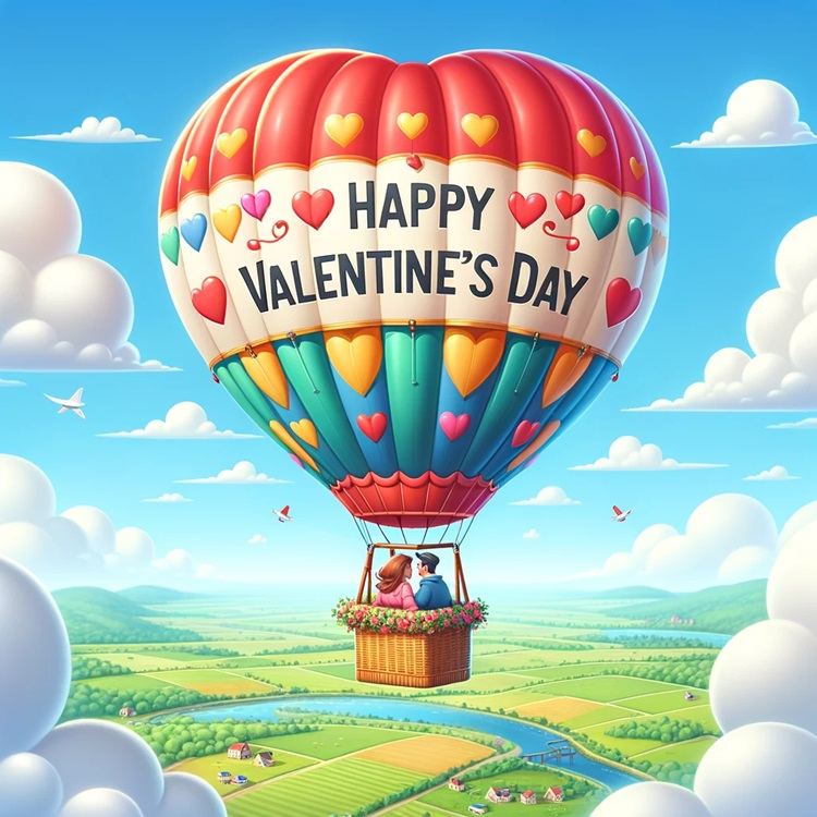 a couple in a hot air baloon on valentine's day