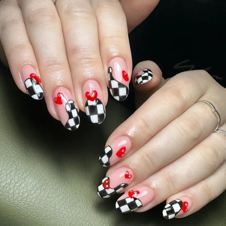 abstract check pattern french tips with read hearts