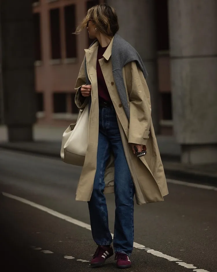 all basics outfit inspo women over 50 jeans trench coat sweater