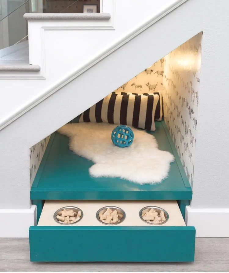 bespoke under stairs dog bed with hidden snacks compartment
