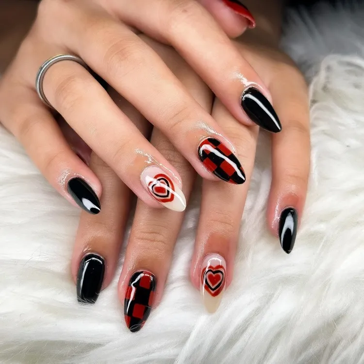 black and red abstract heart and check pattern valentine's nails