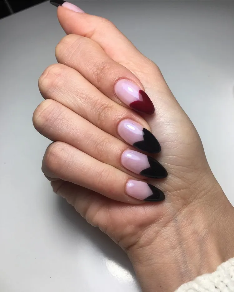 black red heart tipped french manicure