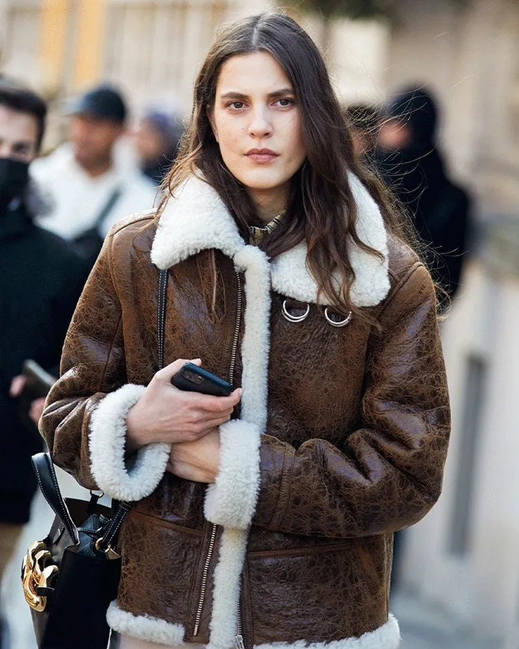 classic brown leather white shearling coat winter 2024