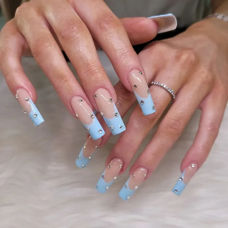 coffin light blue french tips with rhinestones