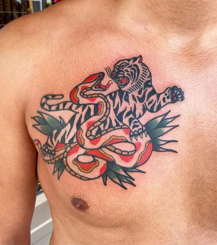 colorful mens chest tattoo