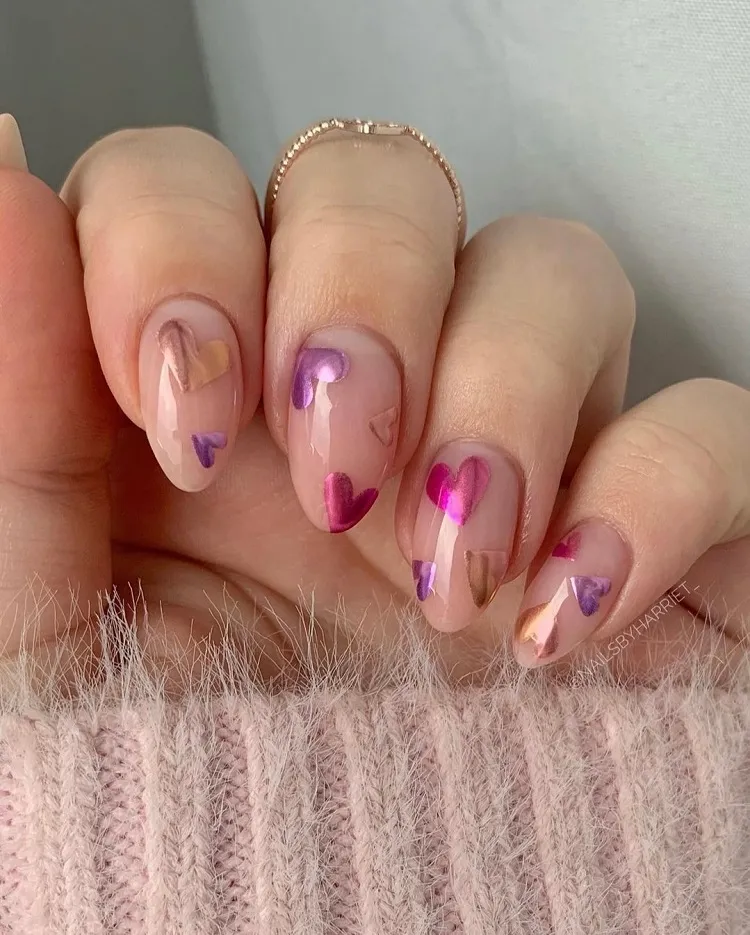 colorful sparkly hearts manicure