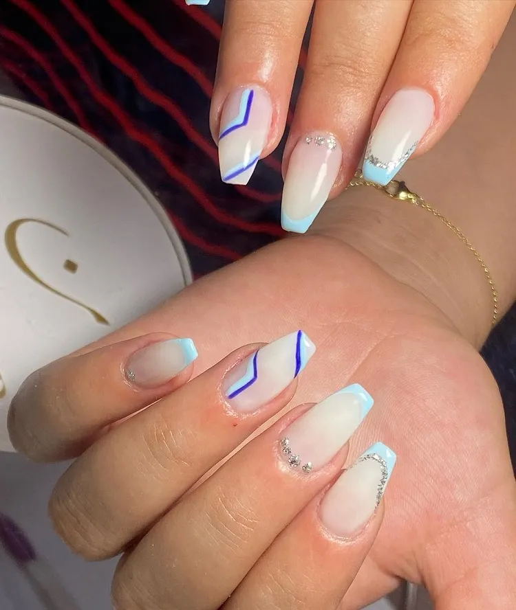 cool light blue french tips with rhinestones design