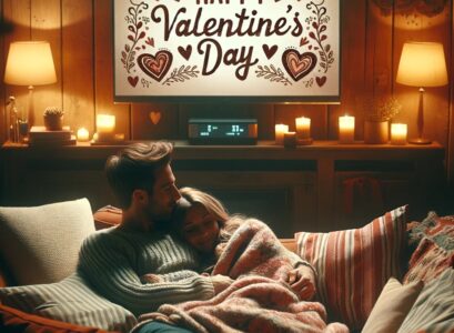 couple cuddling on a sofa during valentine's day