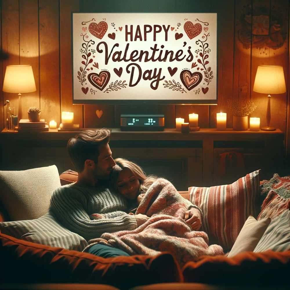 couple cuddling on a sofa during valentine's day