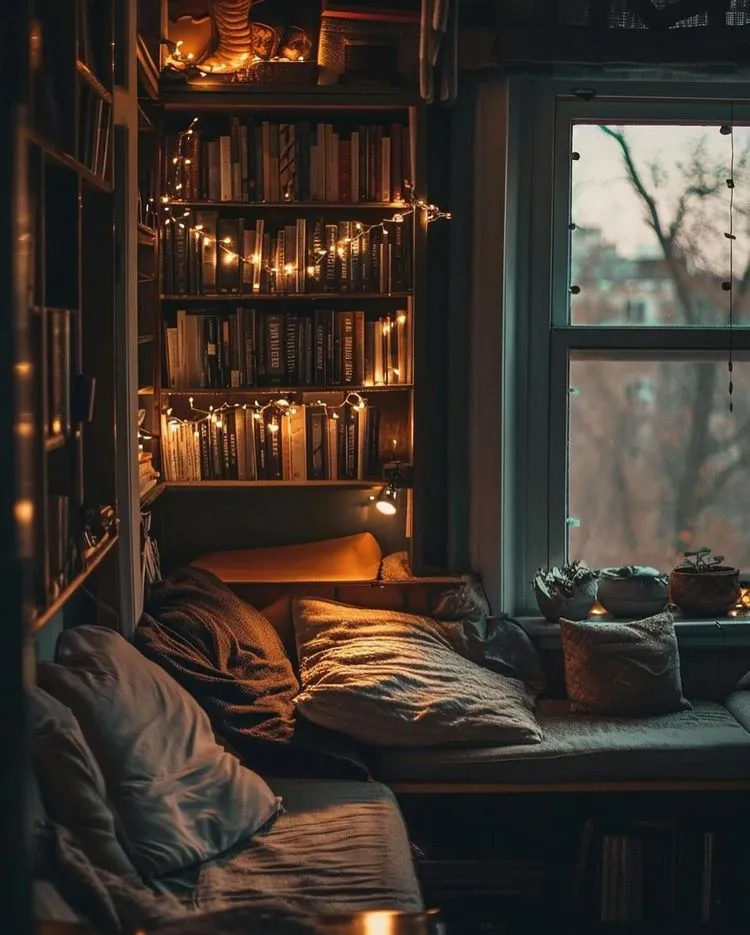 cozy reading corner with bookshelves
