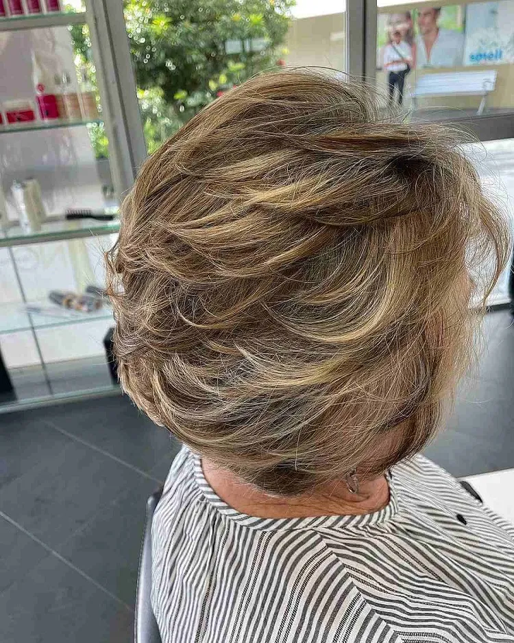 feathered crop cut with balayage for older women