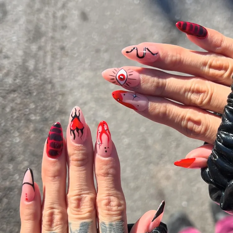 funky abstract mismatched black and red valentine's day nails