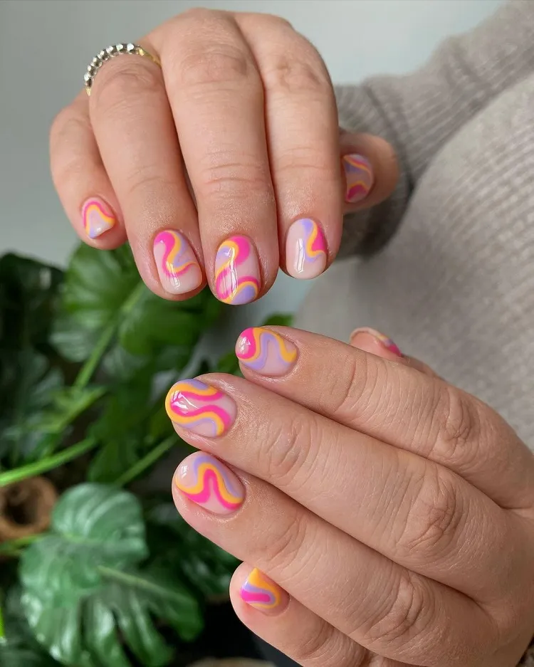 funky colorful 70s swirls nails