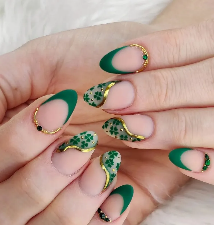 green four leaf clover nails with gold