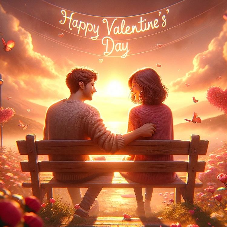 happy valentine's day lovely couple in love sitting on a bench watching the sun set