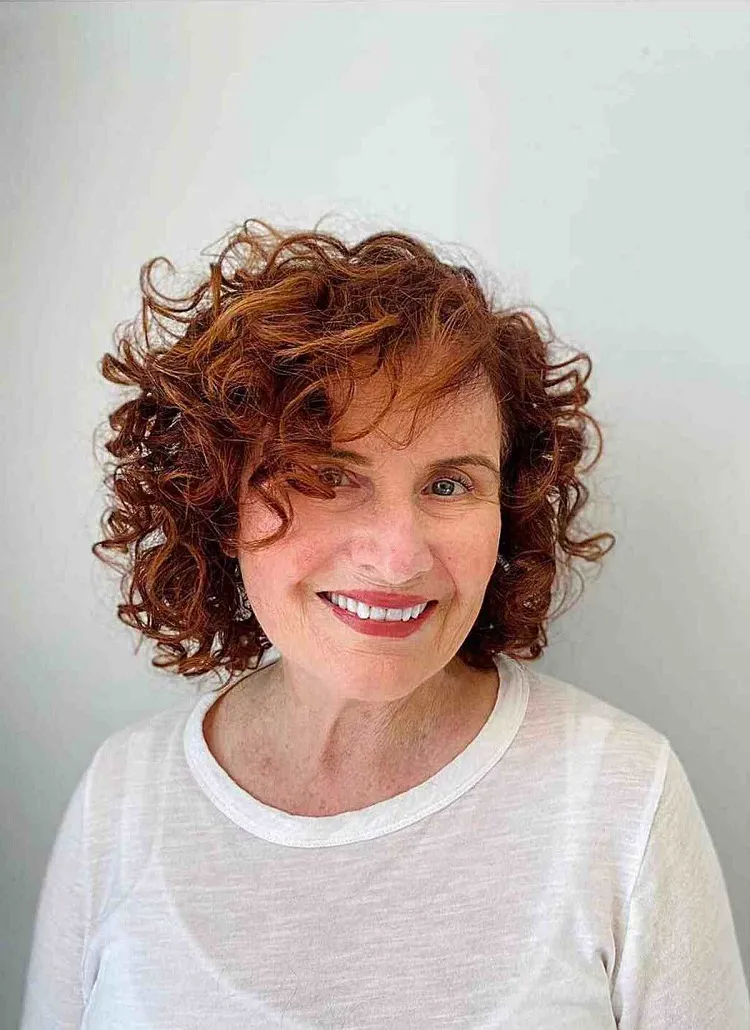 layered red curly hair for older women