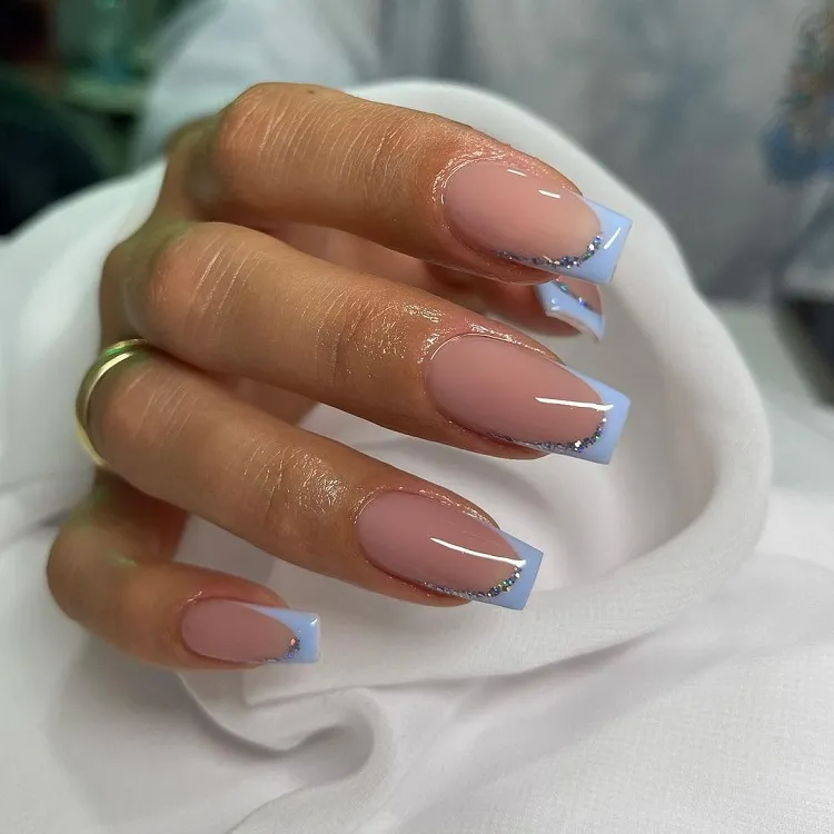 light blue french tip nails square design