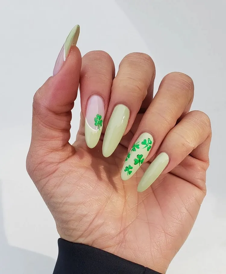 light sage green nails with clovers