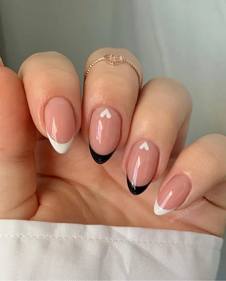 minimalist black and white french tips for valentine's day