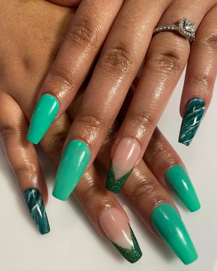 mixed green nails french tip