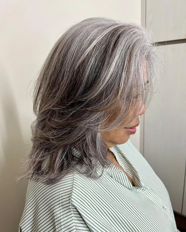 natural brown to gray hair with purple metal lowlights