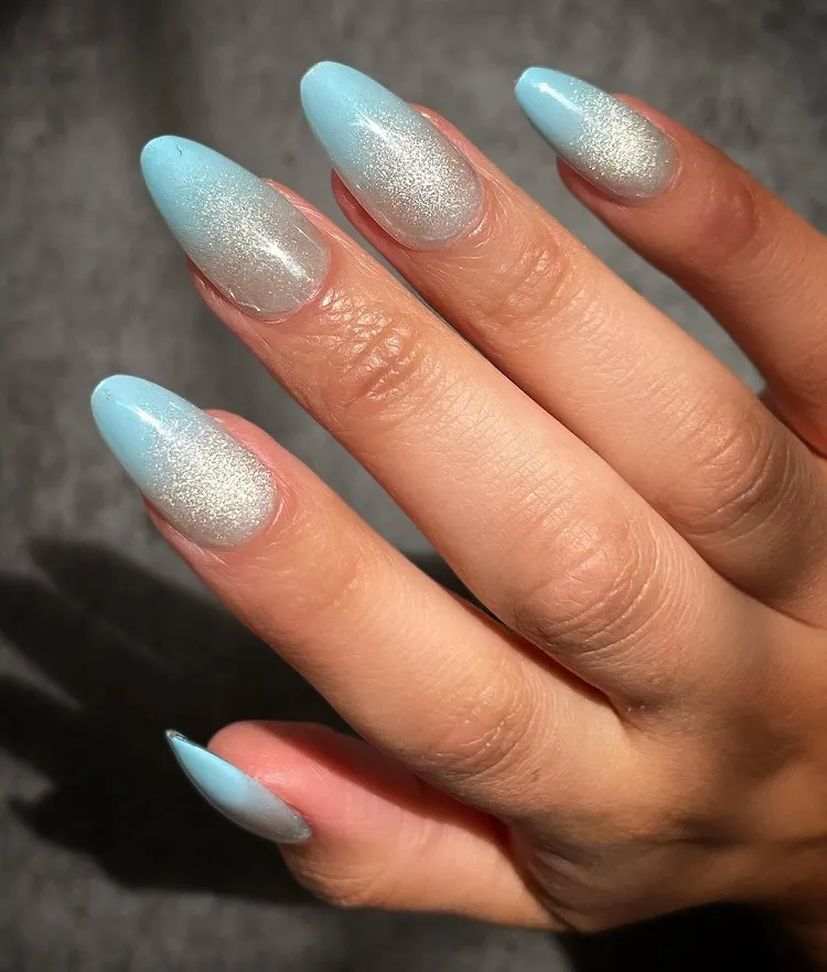 ombre light blue french tip nails with glitter