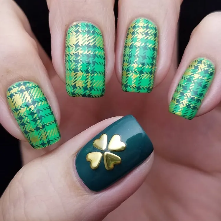 plaid green st patrick nails