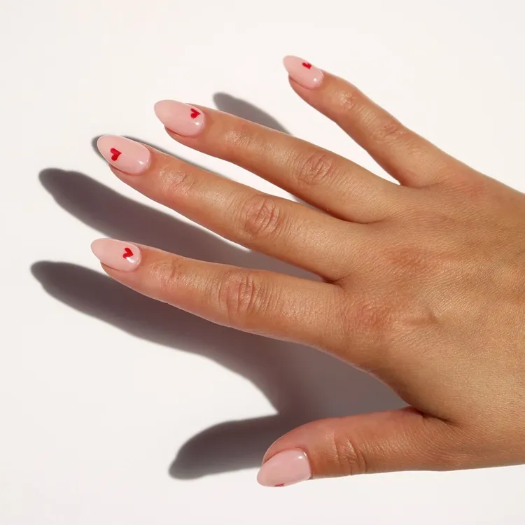 short almond bubble bath nails valentine's day design idea mini red hearts