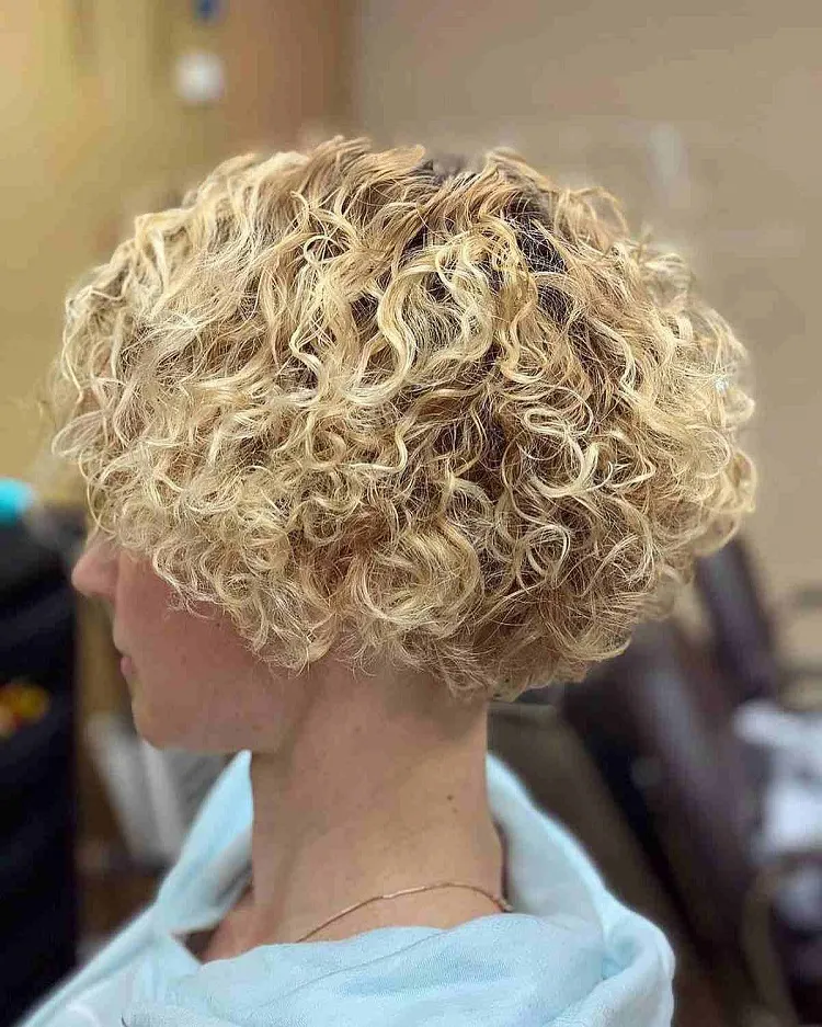 short inverted curly bob for rooted blonde