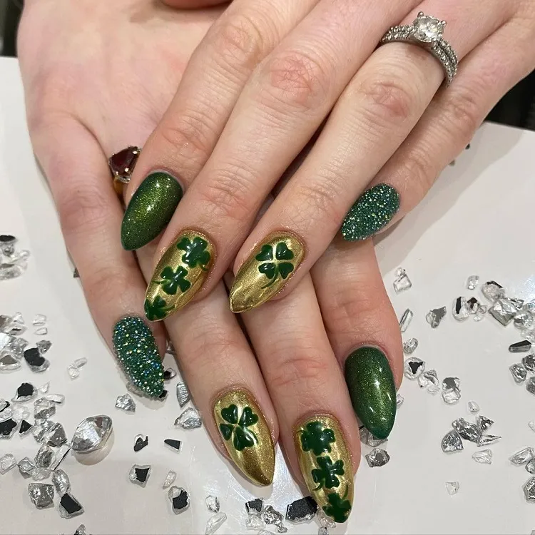 sparkly gold green saint patricks day manicure