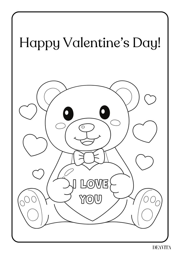 teddy bear coloring valentine's day card free print