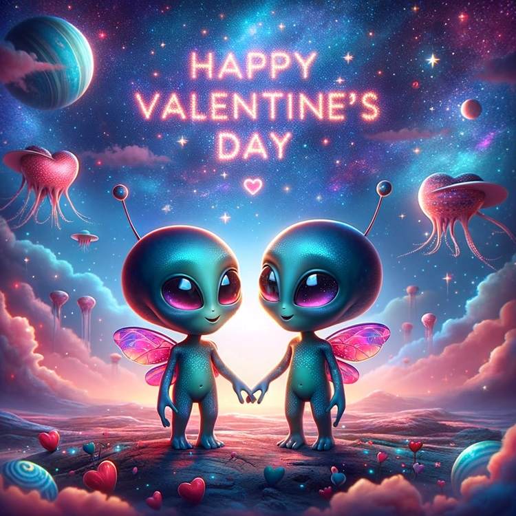 two aliens holding hands on valentine's day