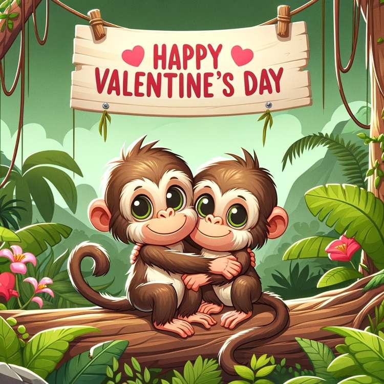 two cuddly monkeys with a happy valentine's day banner