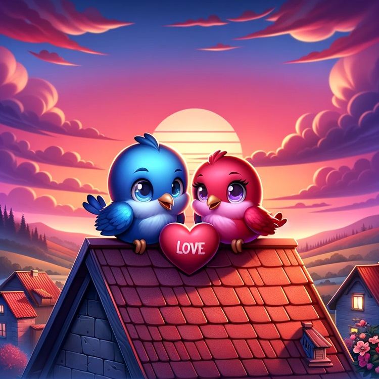 two lovebirds sitting on a rooftop at dawn