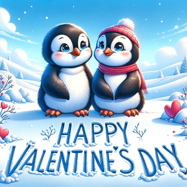 two penguins holding hands wishing you a happy valentine's day