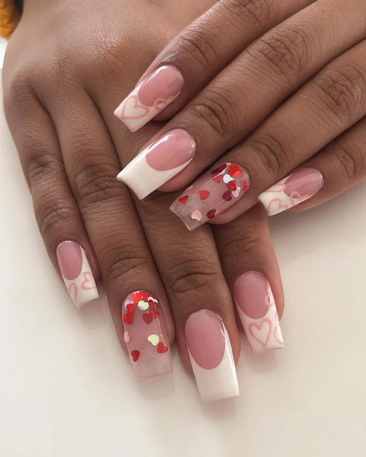 valentine's day white french tip nails with hearts